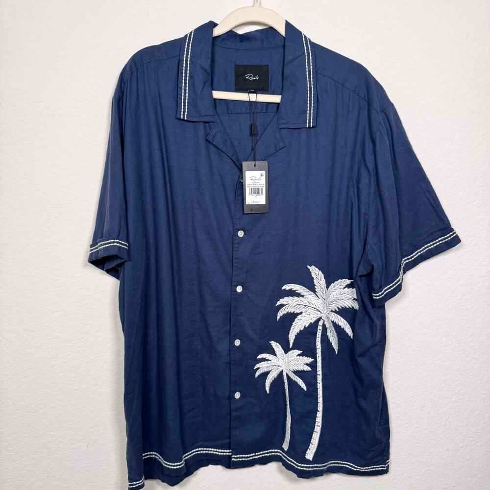 Rails Men Gibson Button Shirt Size XXL Palm Linen Blend Tropical Resortwear Blue